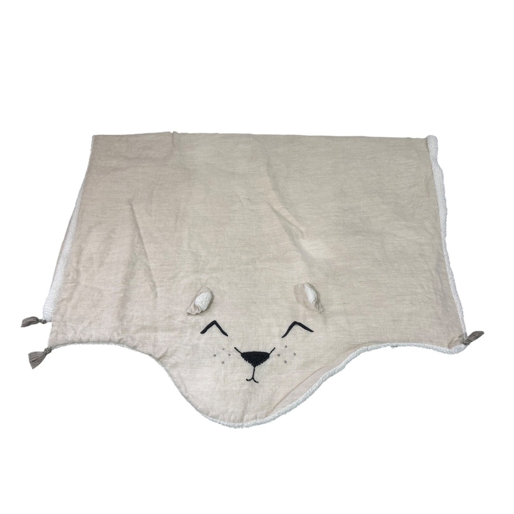 Pottery Barn Kids Gray Bear Blanket White Sherpa Face 3D Ears Linen Lovey